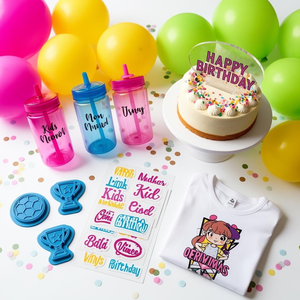 Custom printed cake topper, kids cups, 3D stamps, stickers and t-shirt by Think Big & Create
